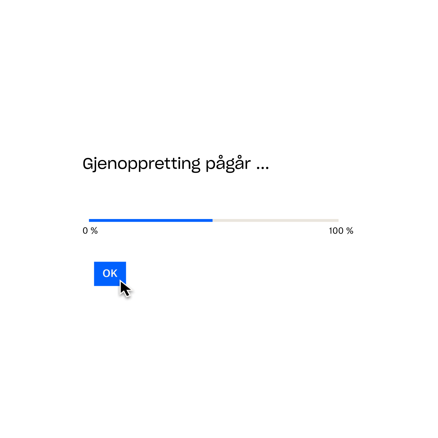 En Dropbox Backup-melding bekrefter «Gjenoppretting pågår ...», med en innlastingslinje på 50 % og en musepeker som holder over en knapp merket «OK».