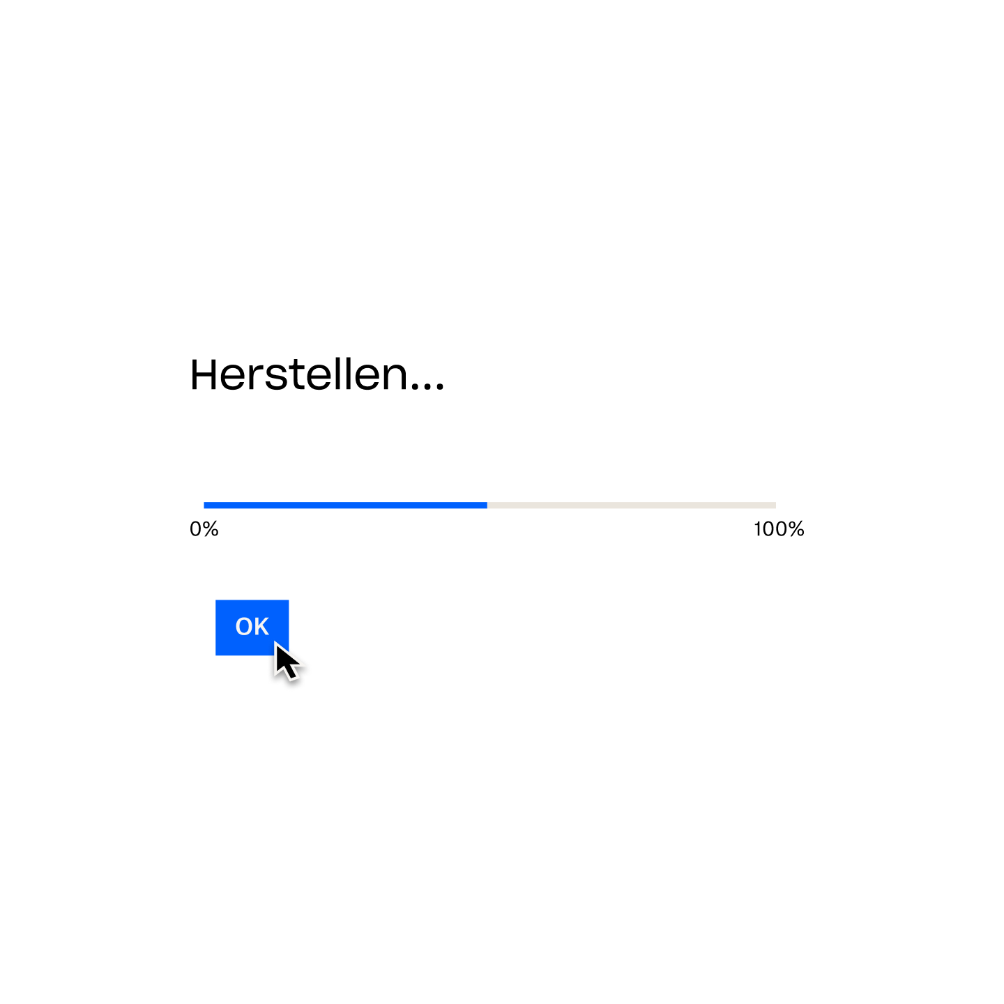 Een Dropbox Backup-prompt met het bericht 'Bezig met terugzetten…', een laadbalk op 50% en een muiscursor die boven een knop met het label 'OK' zweeft.