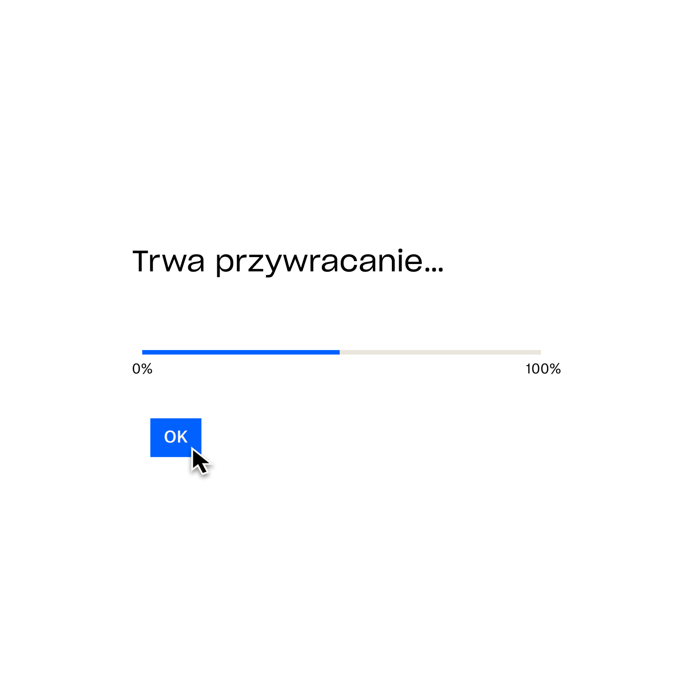 Monit Dropbox Backup potwierdza „Przywracanie w toku...” z paskiem ładowania na poziomie 50% i kursorem myszy znajdującym się nad przyciskiem „OK”.