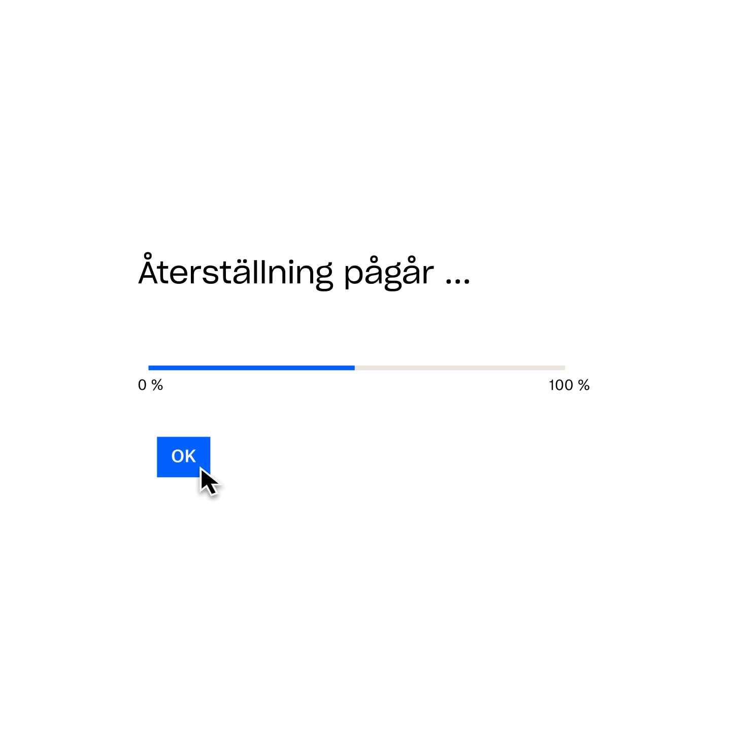 En Dropbox Backup-prompt bekräftar ”Återställning pågår ...”, med ett framstegsfält på 50 % och en muspekare som svävar över en knapp märkt ”OK”.