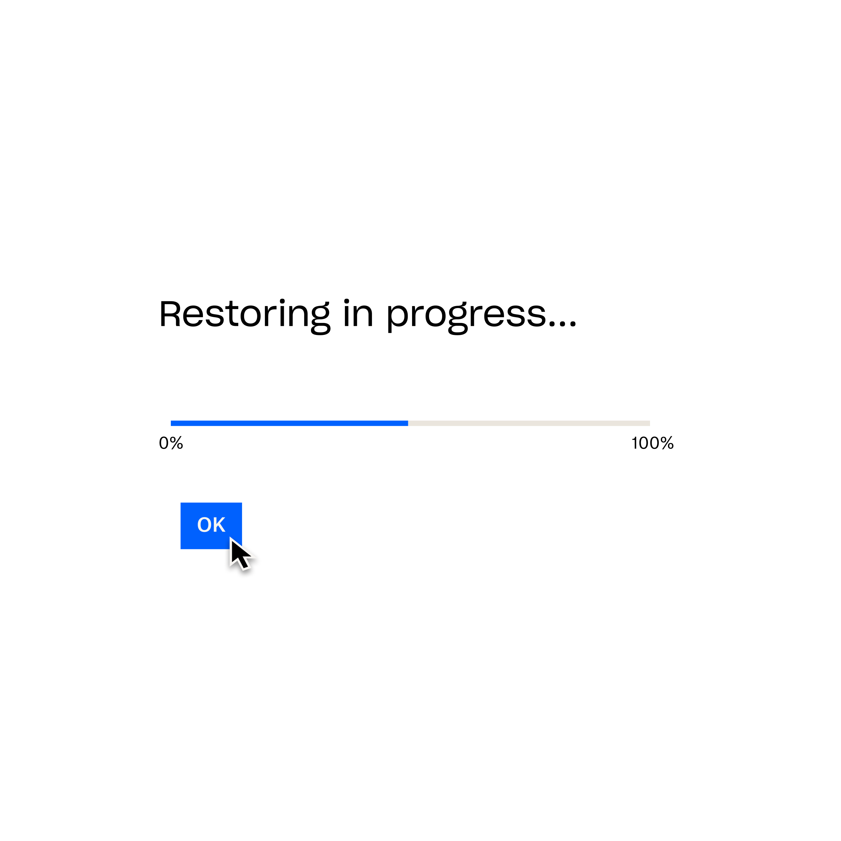 A Dropbox Backup prompt confirms “Restoring in progress…”, with a loading bar at 50% and a mouse cursor hovering over a button labelled “OK”.