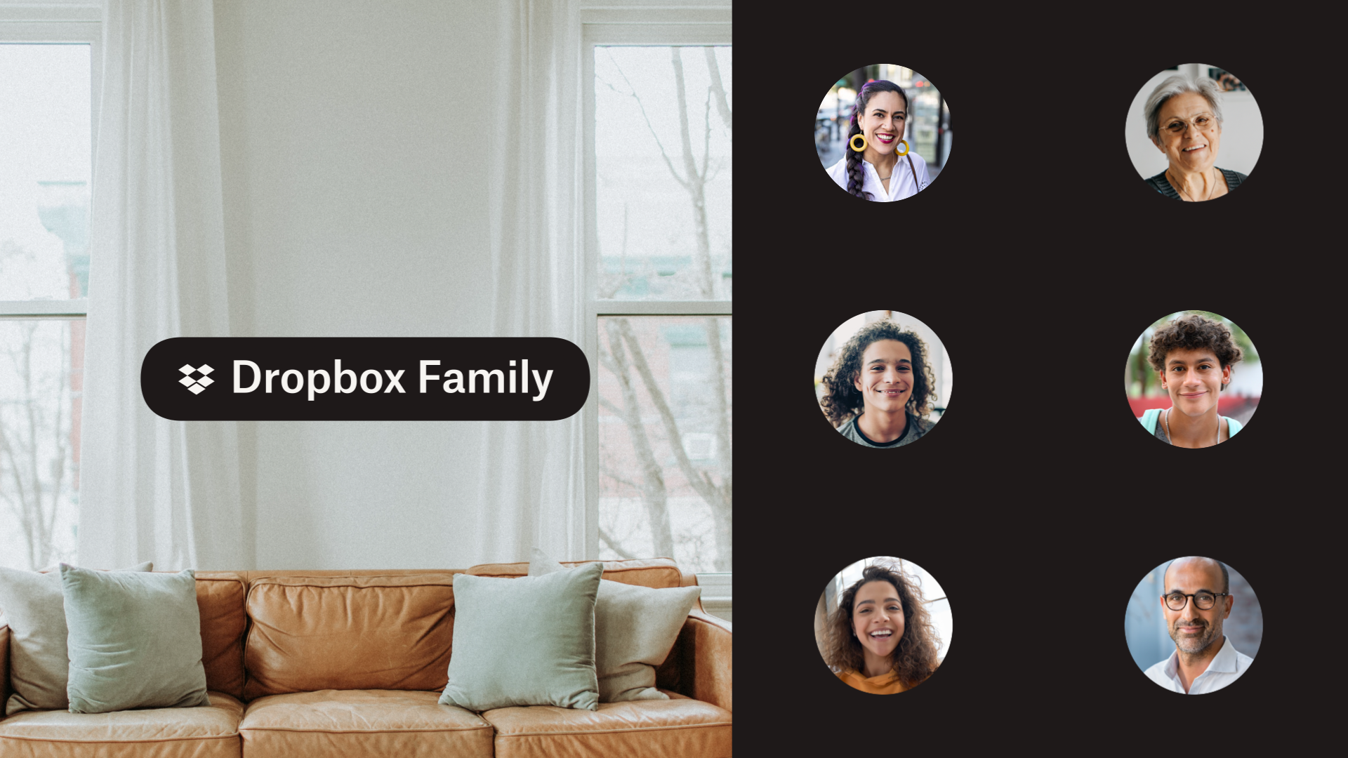 Sammensat billede af en sofa i stuen og portrætbilleder af en familie
