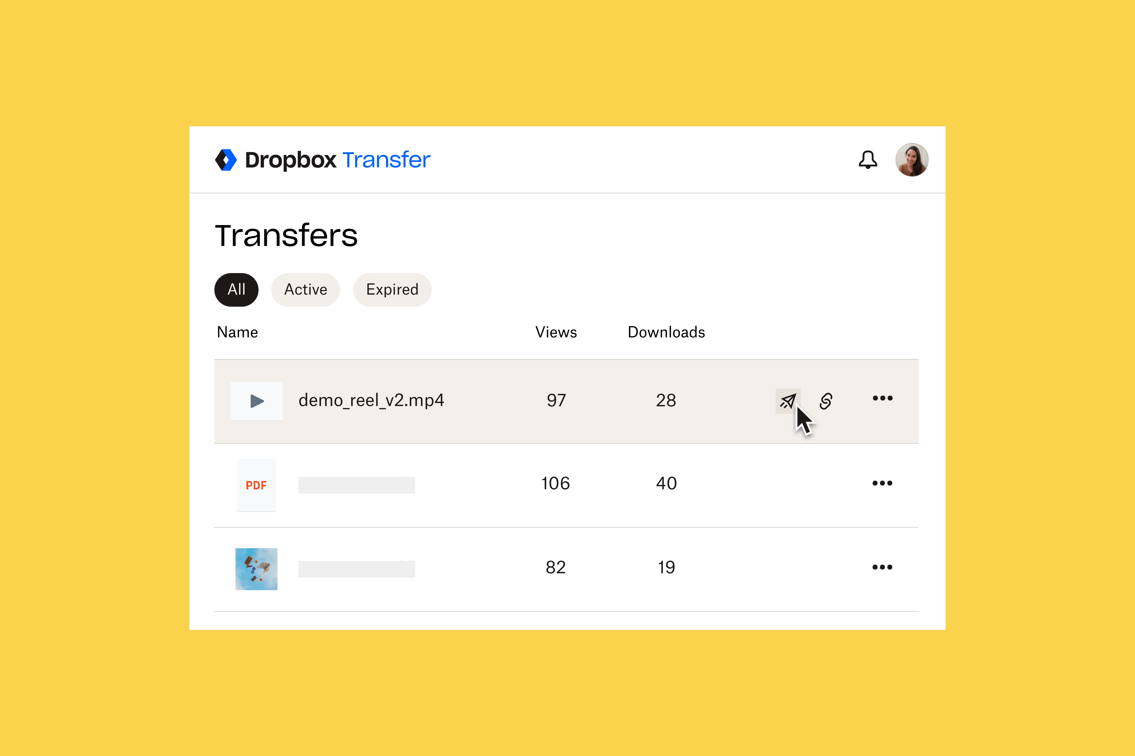 ​​Dropbox Transfer로 공유한 파일의 조회 수와 다운로드 수를 확인하는 방법을 보여주는 이미지