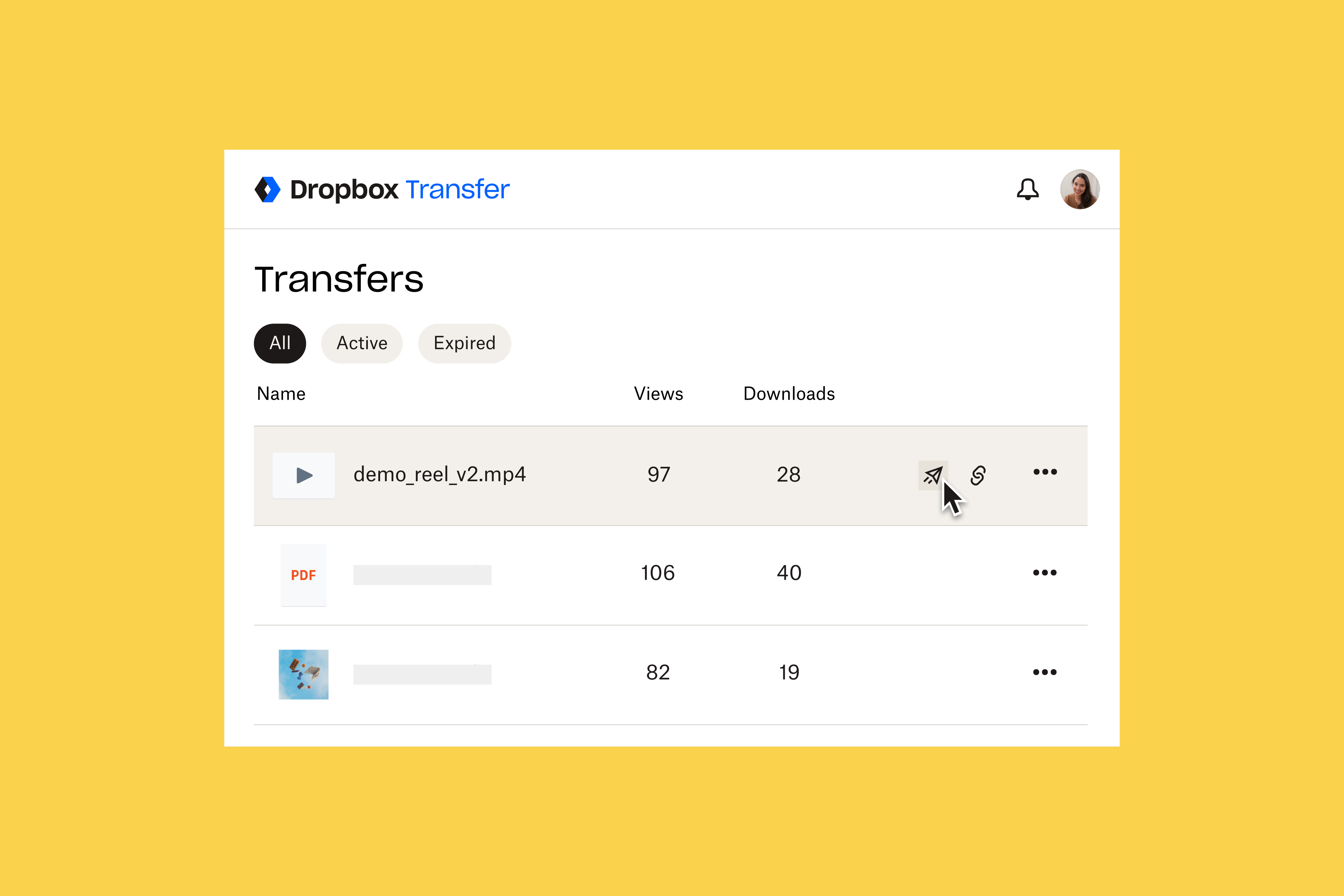 Image demonstrating how to check the views and downloads of files shared with Dropbox Transfer