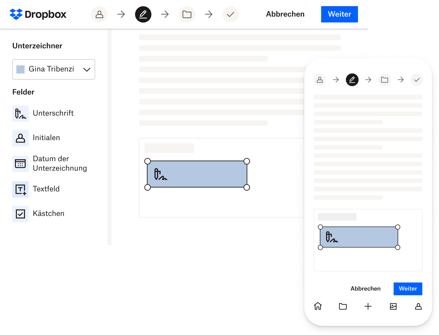 Jemand signiert ein Dokument in Dropbox Sign vom Desktop aus und mit der App für Mobilgeräte