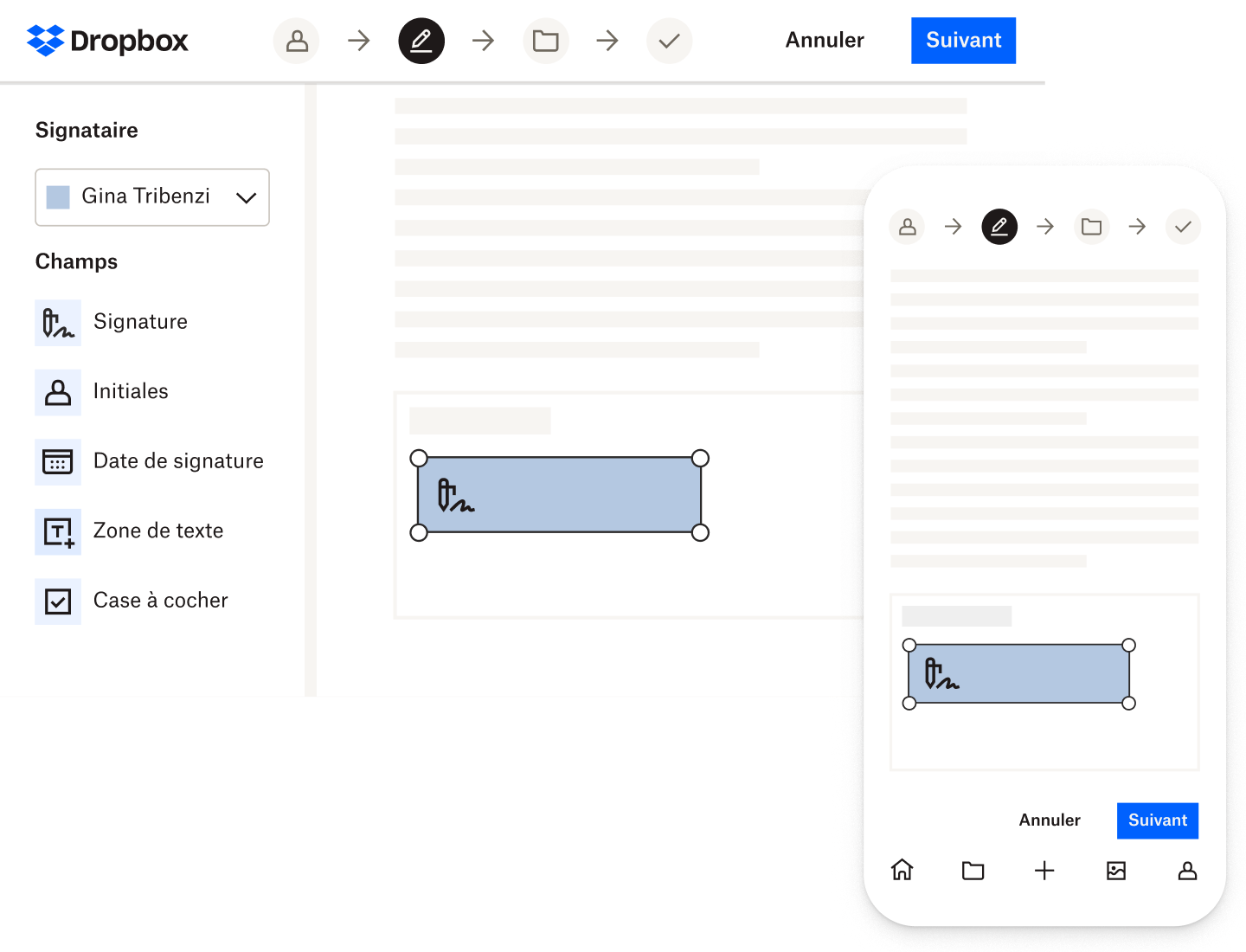 Personne signant un document dans Dropbox Sign à l’aide de l’application de bureau et mobile