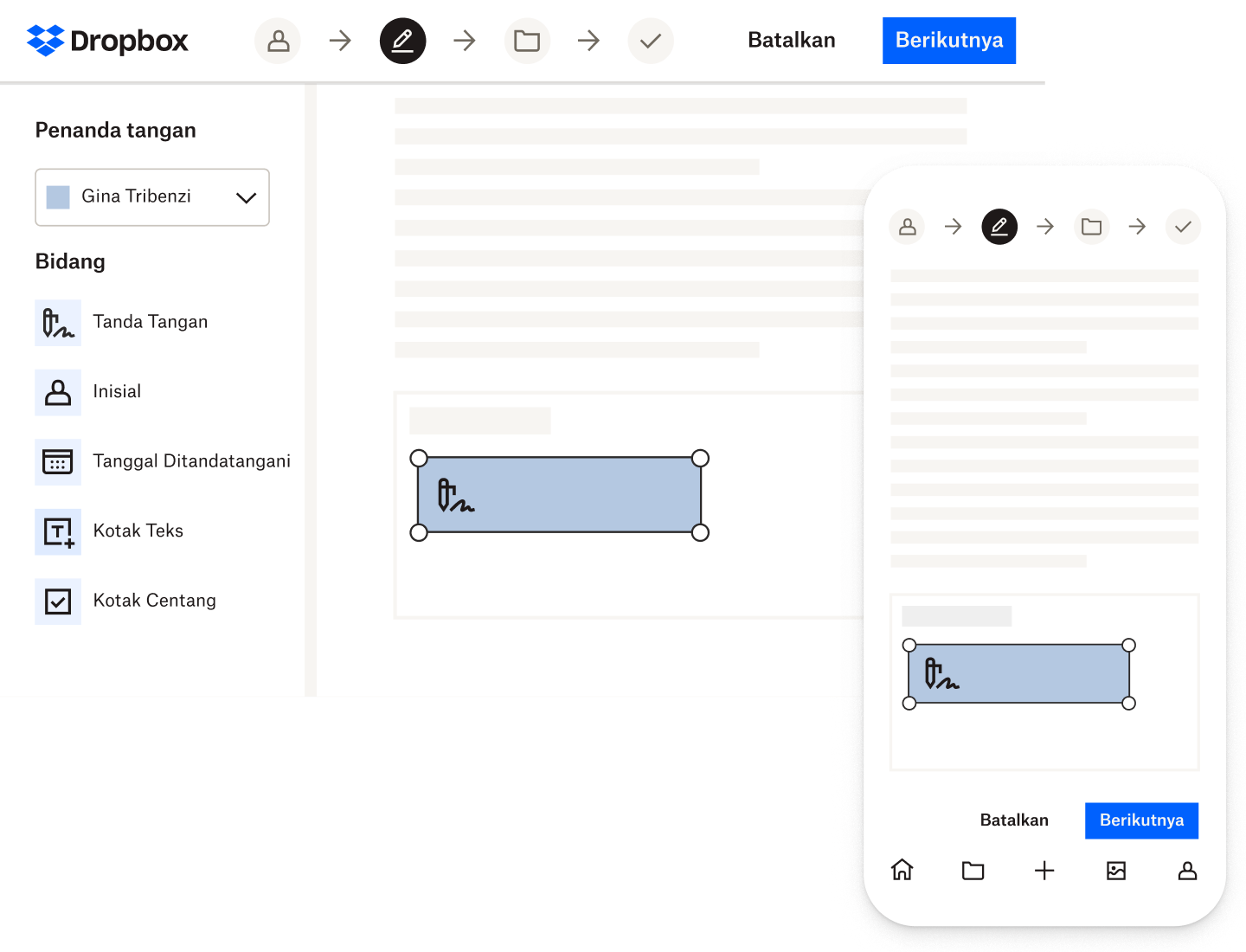 Seseorang menandatangani dokumen di Dropbox Sign dengan aplikasi desktop dan mobile