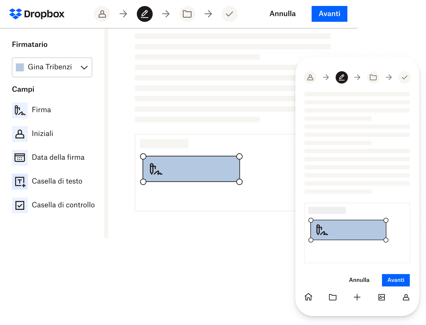 Qualcuno firma un documento in Dropbox Sign con l'app desktop e per dispositivi mobili