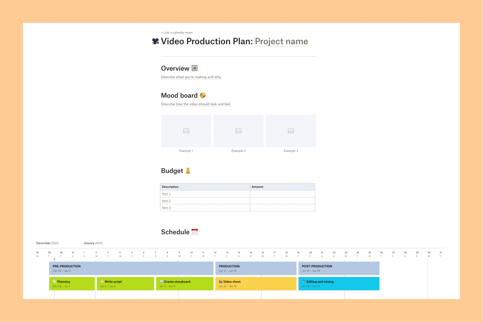 Captura de pantalla de la plantilla de documento de planificación de producción de vídeo en Dropbox Paper