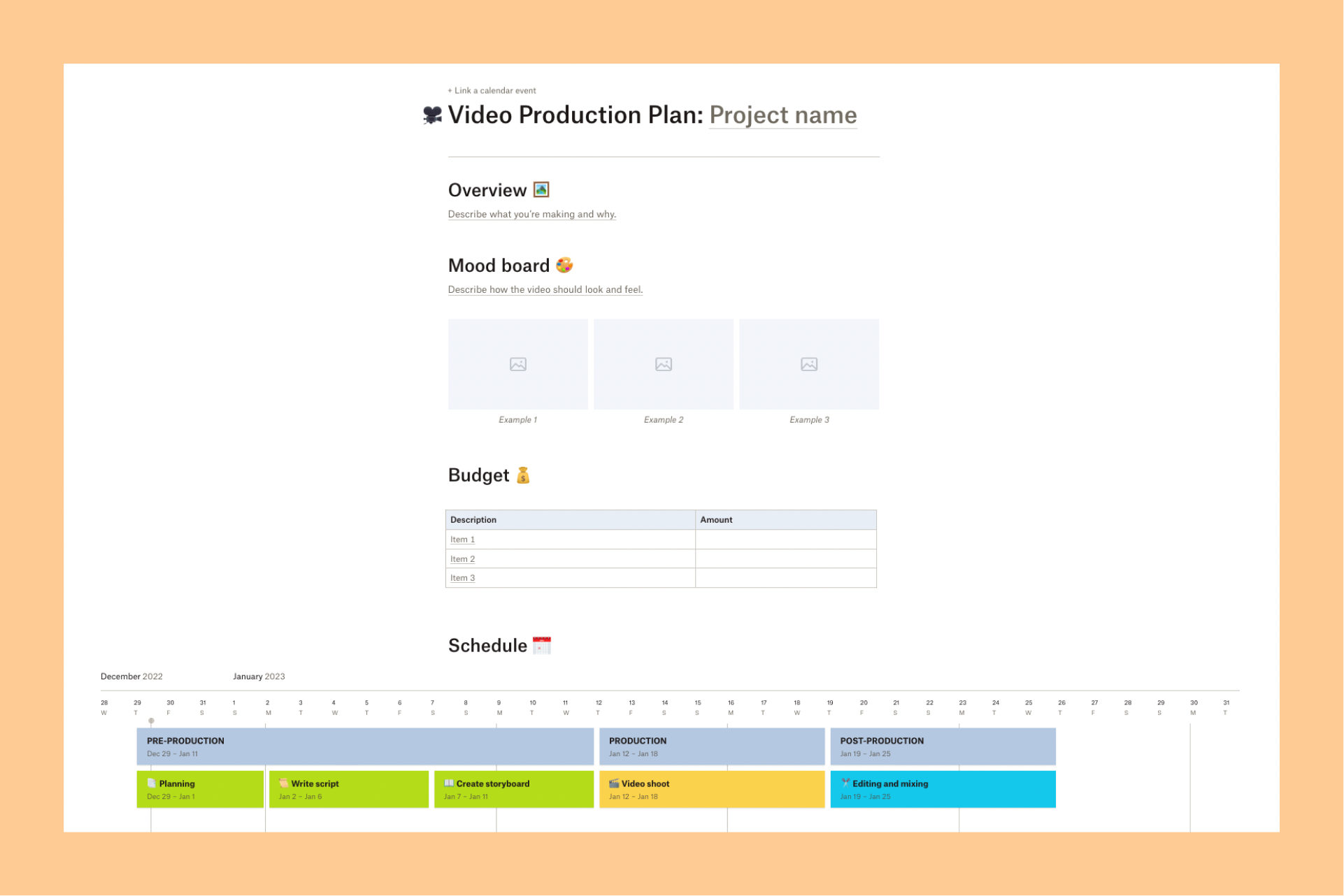 ภาพหน้าจอของแม่แบบเอกสารสำหรับแผนการผลิตวิดีโอใน Dropbox Paper