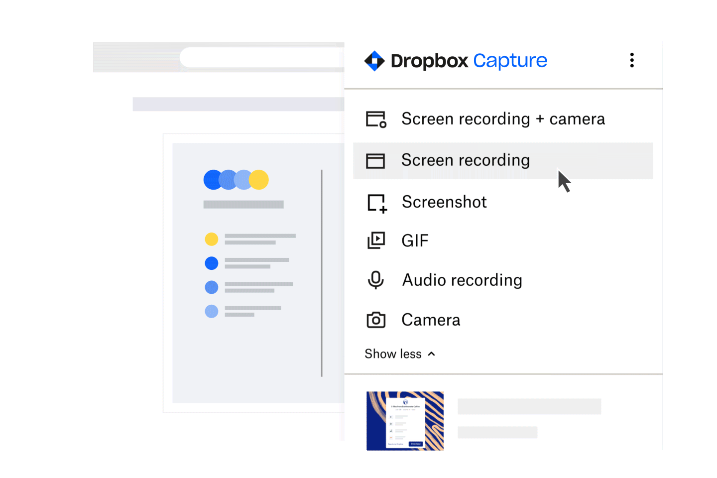 In the Dropbox Capture product, a woman clicks on the Screen recording and camera button, selects a section of her screen, clicks the record button and begins her recording. 
