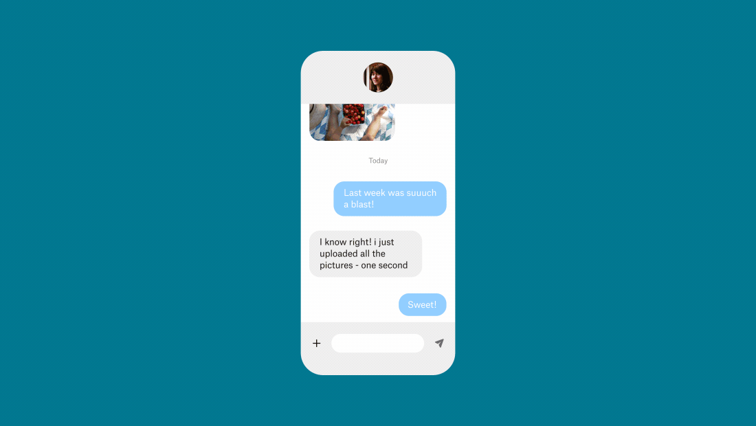 Animeret GIF, der viser, hvordan du deler en stor video i en chat-app som WhatsApp ved hjælp af funktionen til deling af links i Dropbox-cloudlageret.