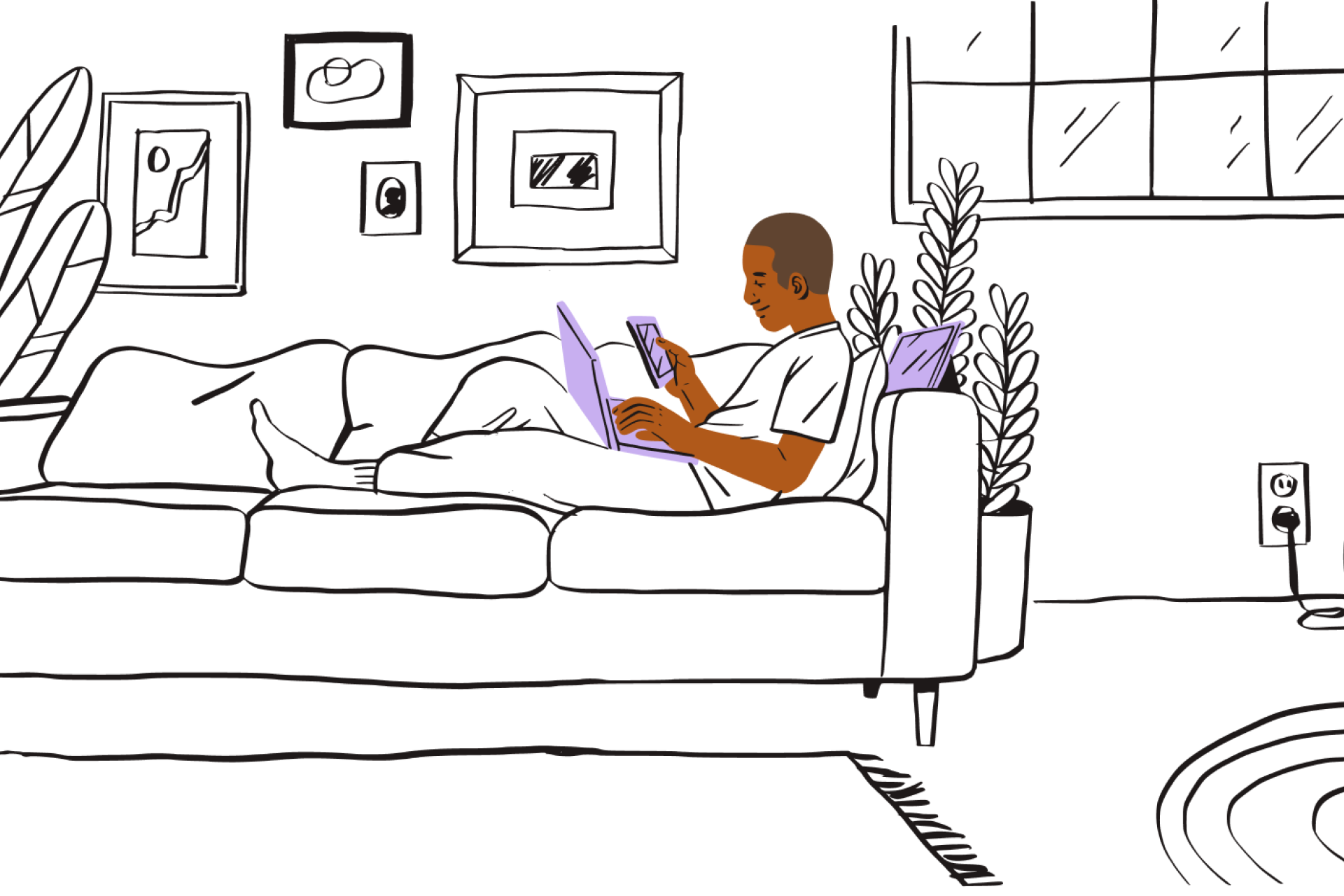 Seseorang sedang bersantai di sofa sambil melihat PDF di laptop dan perangkat mobile.