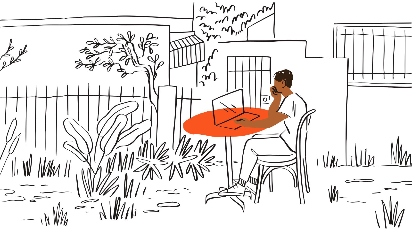 屋外でオレンジのテーブルの席でノート パソコンを見ている人物のイラスト