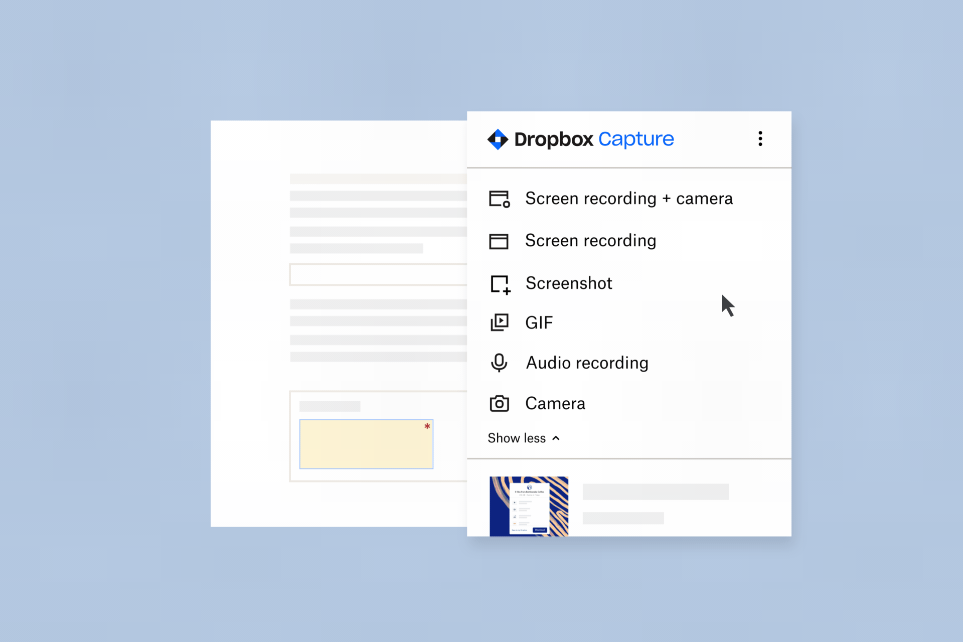 En GIF-fil, der viser, hvordan du kan vælge din skærm, optage og tilføje annotationer med nogle få klik med Dropbox Capture.