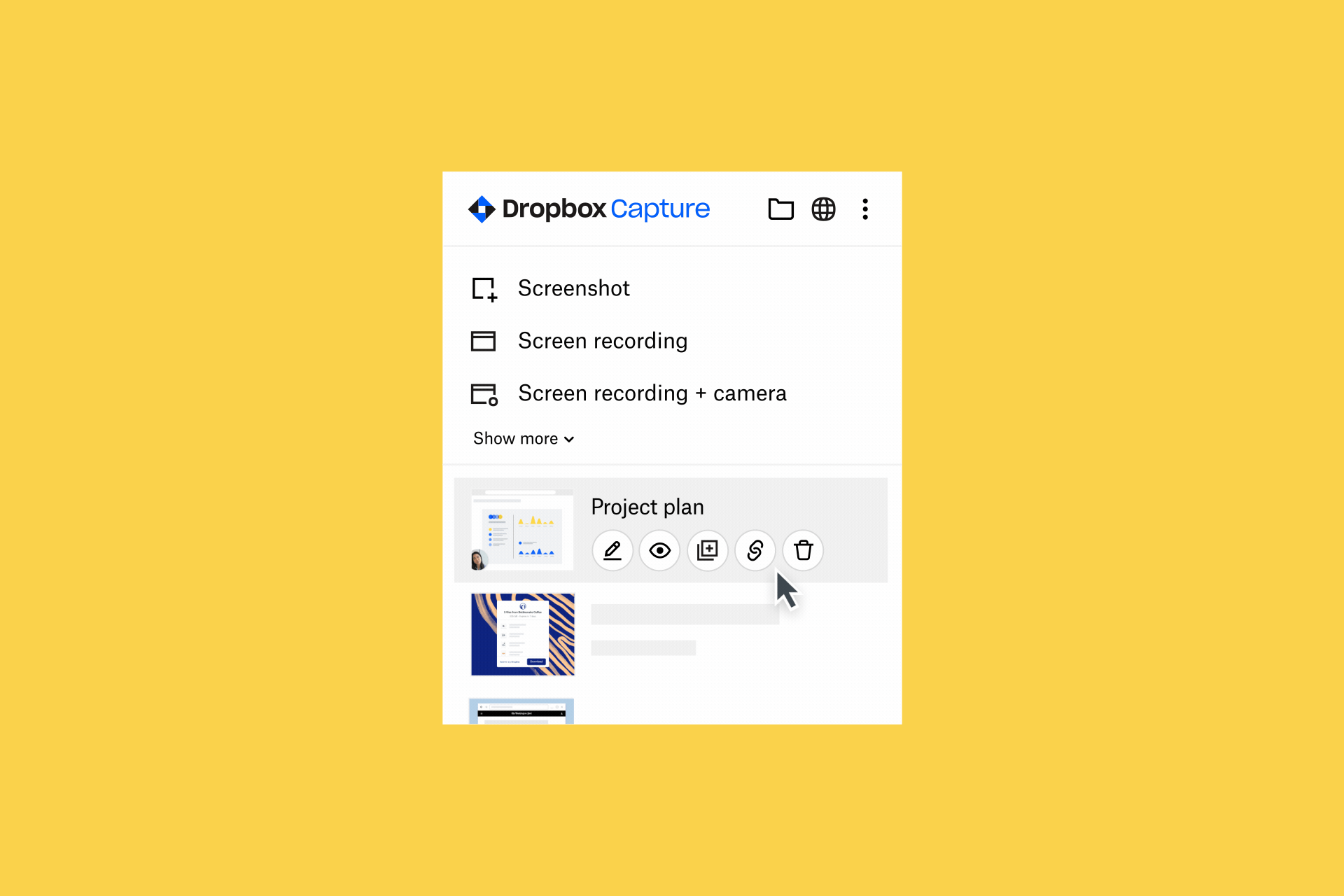 An animated GIF demonstrating the menu tray for Dropbox Capture and the screen capture options available