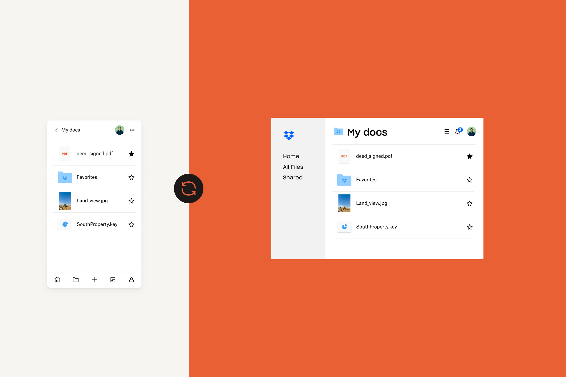 A view of the Dropbox apps for mobile and desktop devices