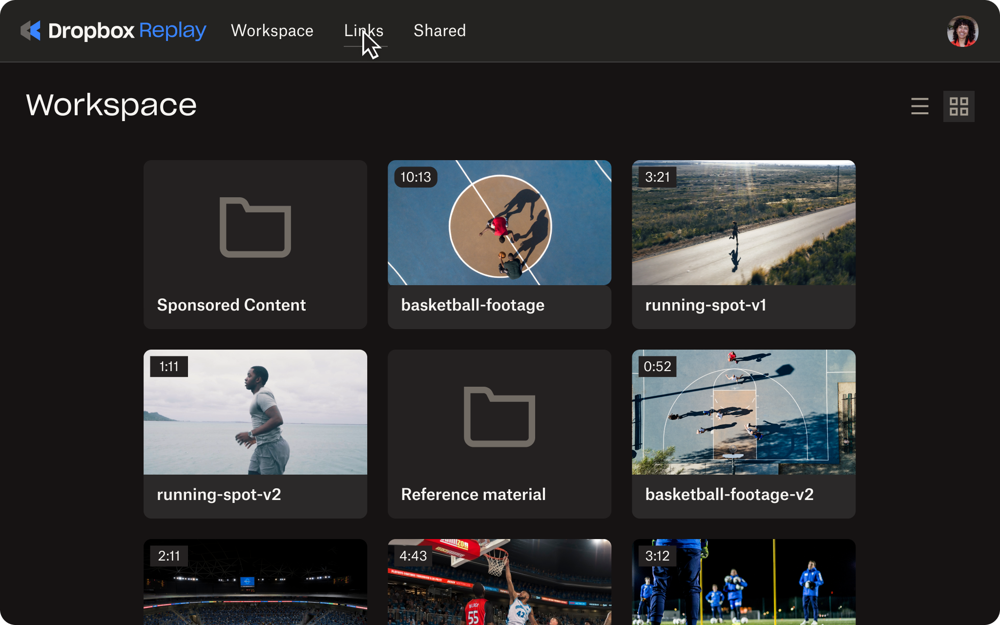 Product UI for Dropbox Replay, showing a Workspace for a video project in Dropbox Replay. Multiple assets are shown, including different pieces of footage, and folders for “Reference material".