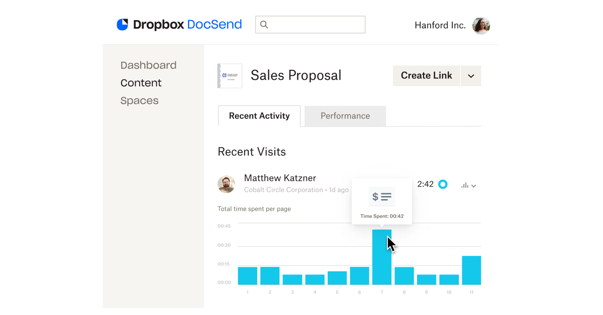 A visual example of the document analytics available in DocSend, including the time a specific viewer has spent looking at each page.