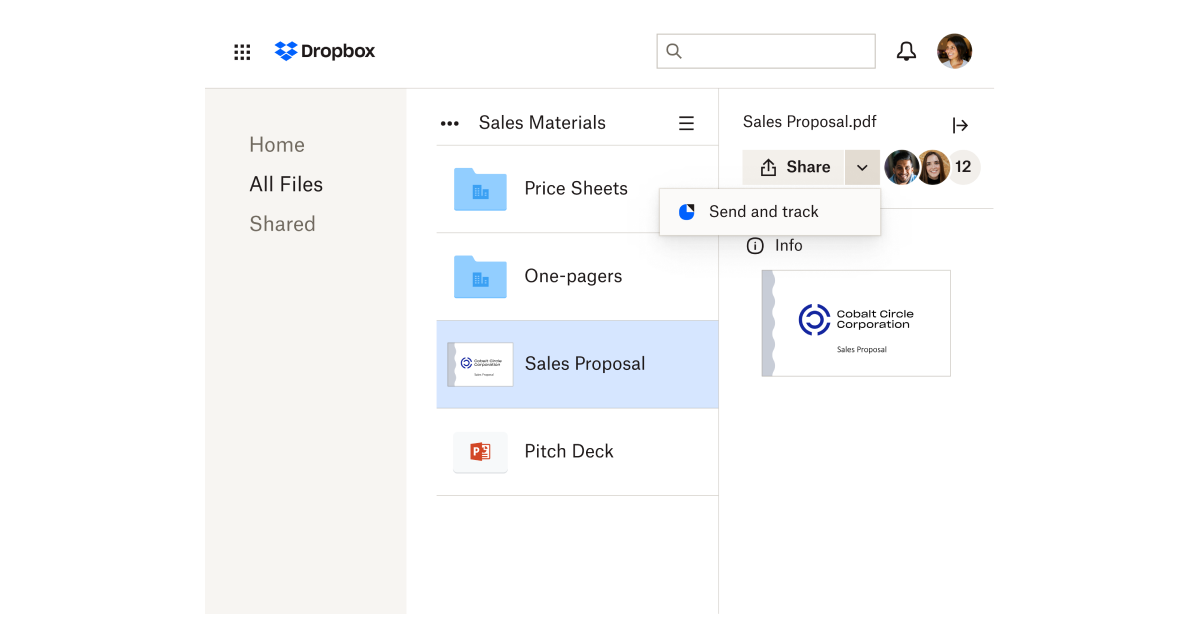A Dropbox user shares a sales proposal with the DocSend “Send and track” feature