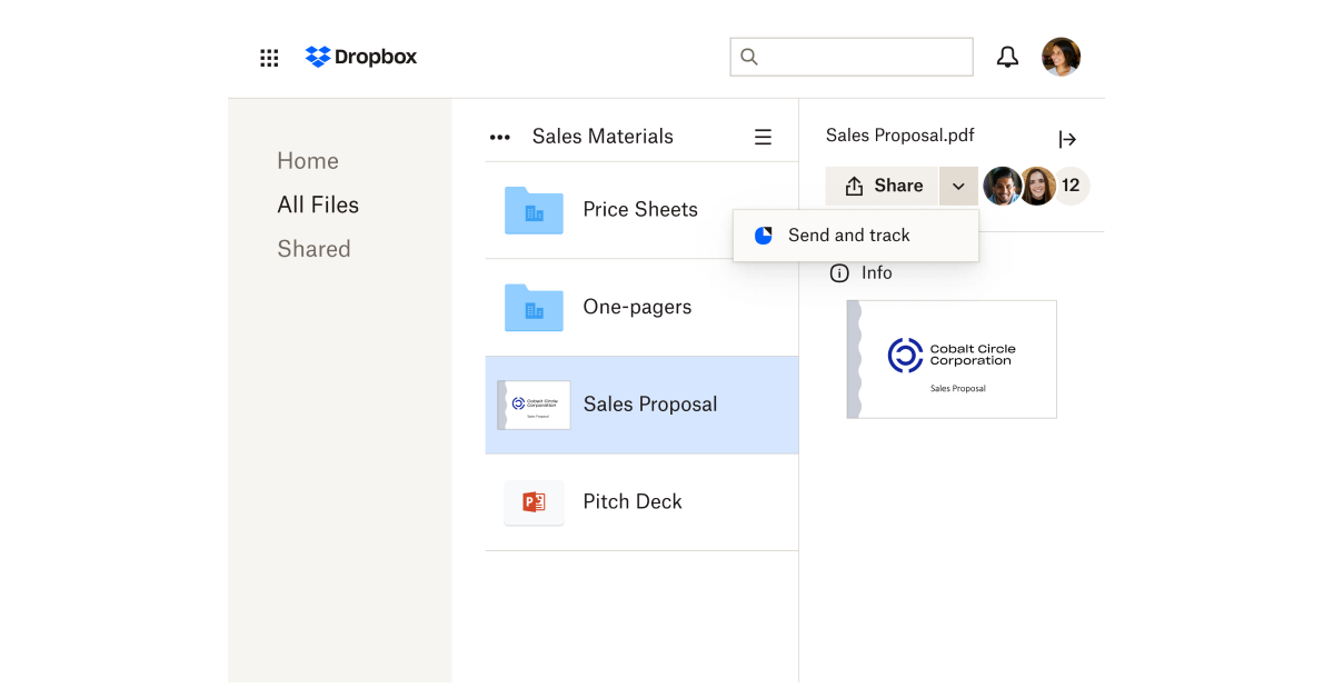 Utilisateur Dropbox partageant une proposition commerciale avec la fonctionnalité DocSend « Envoyer et suivre »