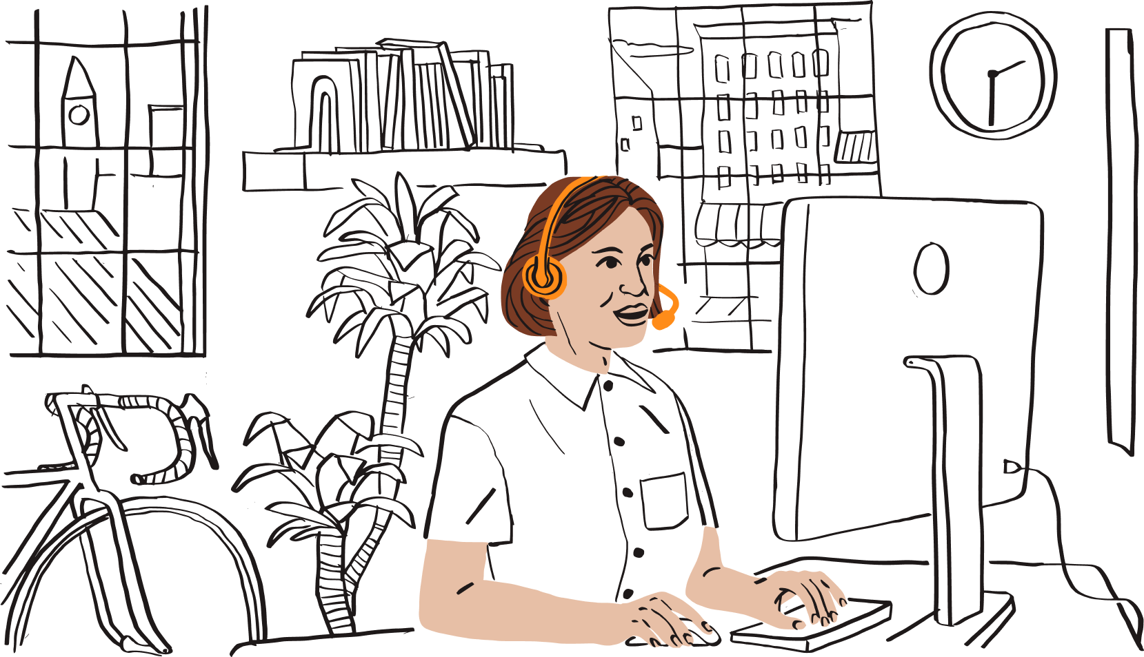 Ilustración de una representante de ventas sentada frente a un monitor usando unos auriculares con micrófono para hablar con alguien.