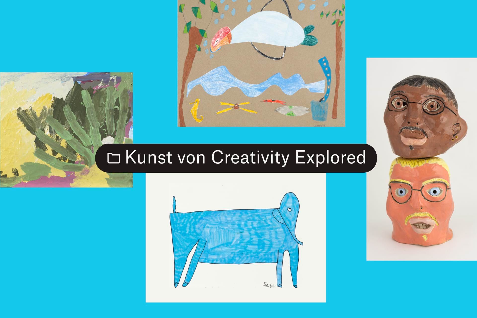 Ein Ordner mit dem Titel „Kunst von Creativity Explored“ mit vier Kunstbildern