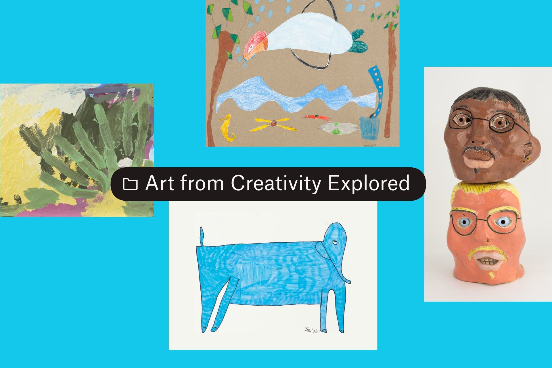 Een map met de titel Art from Creativity Explored met daarop vier afbeeldingen van kunst
