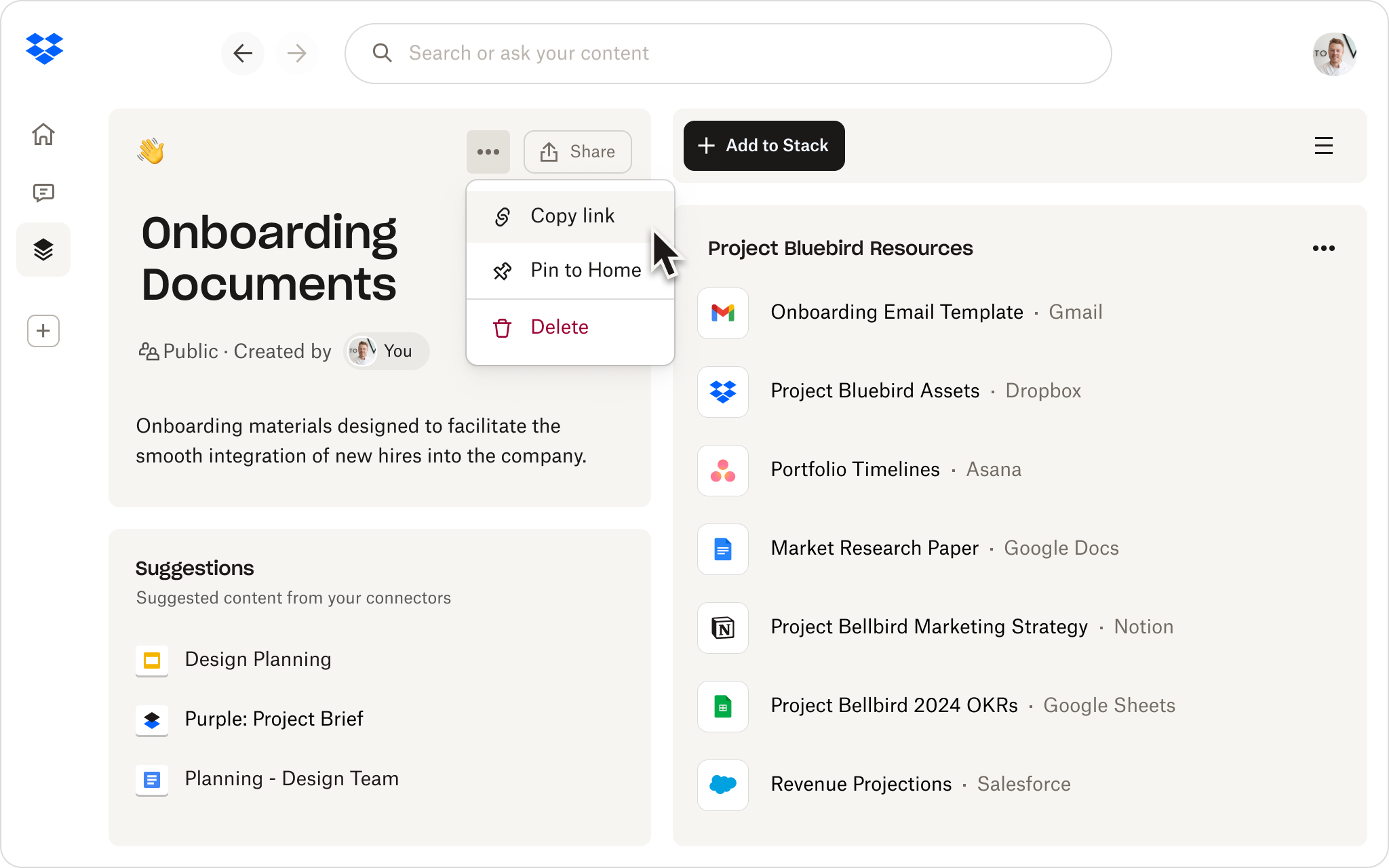 The Stacks view in Dropbox Dash, showing files, emails, and apps organized into project-specific groups.