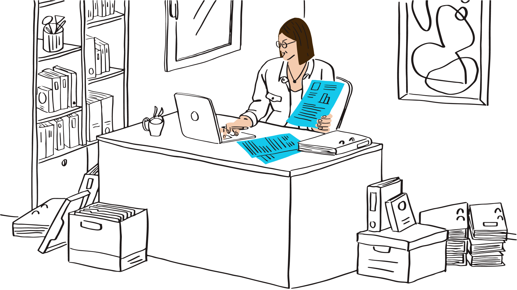 ​​Une illustration d’une personne à un bureau, en train de travailler avec de multiples documents, entourée de boîtes de documents.