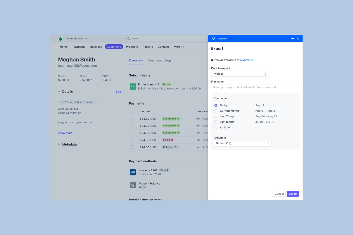 Someone exporting data to Dropbox from Customers section of Stripe dashboard