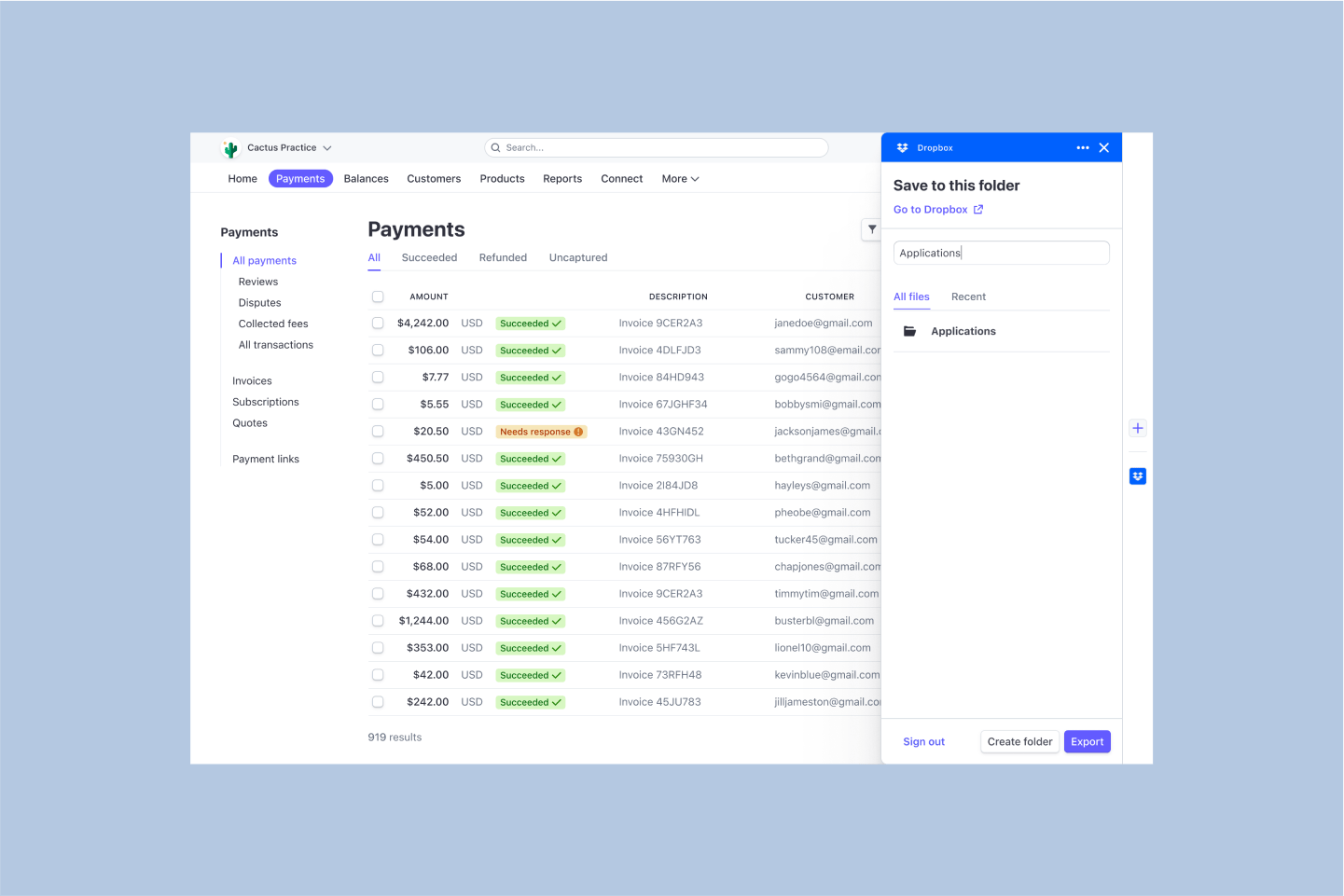 Someone choosing Dropbox folder to save report to from Payments section of Stripe dashboard