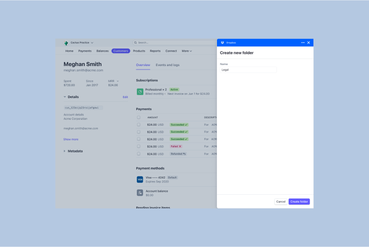Someone creating new Dropbox folder from Customers section of Stripe dashboard