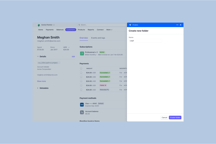 Una persona creando una carpeta de Dropbox desde la sección Clientes del panel de Stripe.