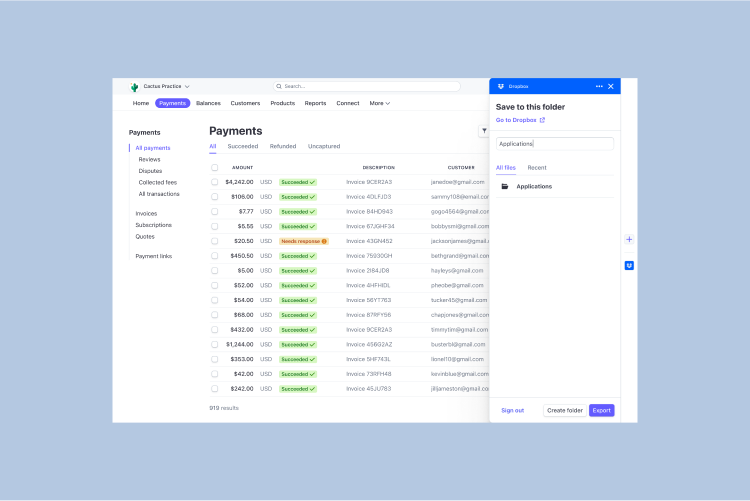 Seseorang memilih folder Dropbox untuk menyimpan laporan dari bagian Pembayaran di dasbor Stripe