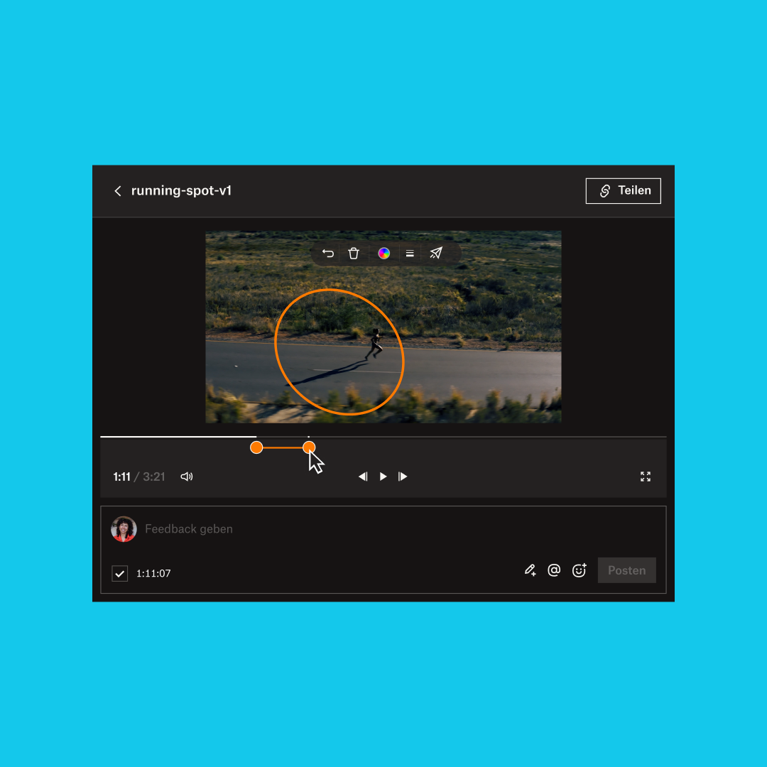 Person markiert mit Dropbox Replay einen Frame in einem Video mit dem Titel „running-spot-v1“