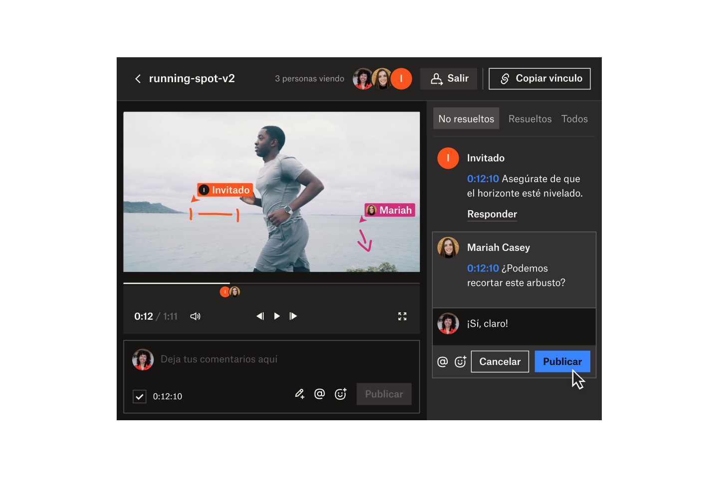 Invitado y Mariah Casey marcando un fotograma y agregando comentarios en un video titulado running-spot-v2 en Dropbox Replay