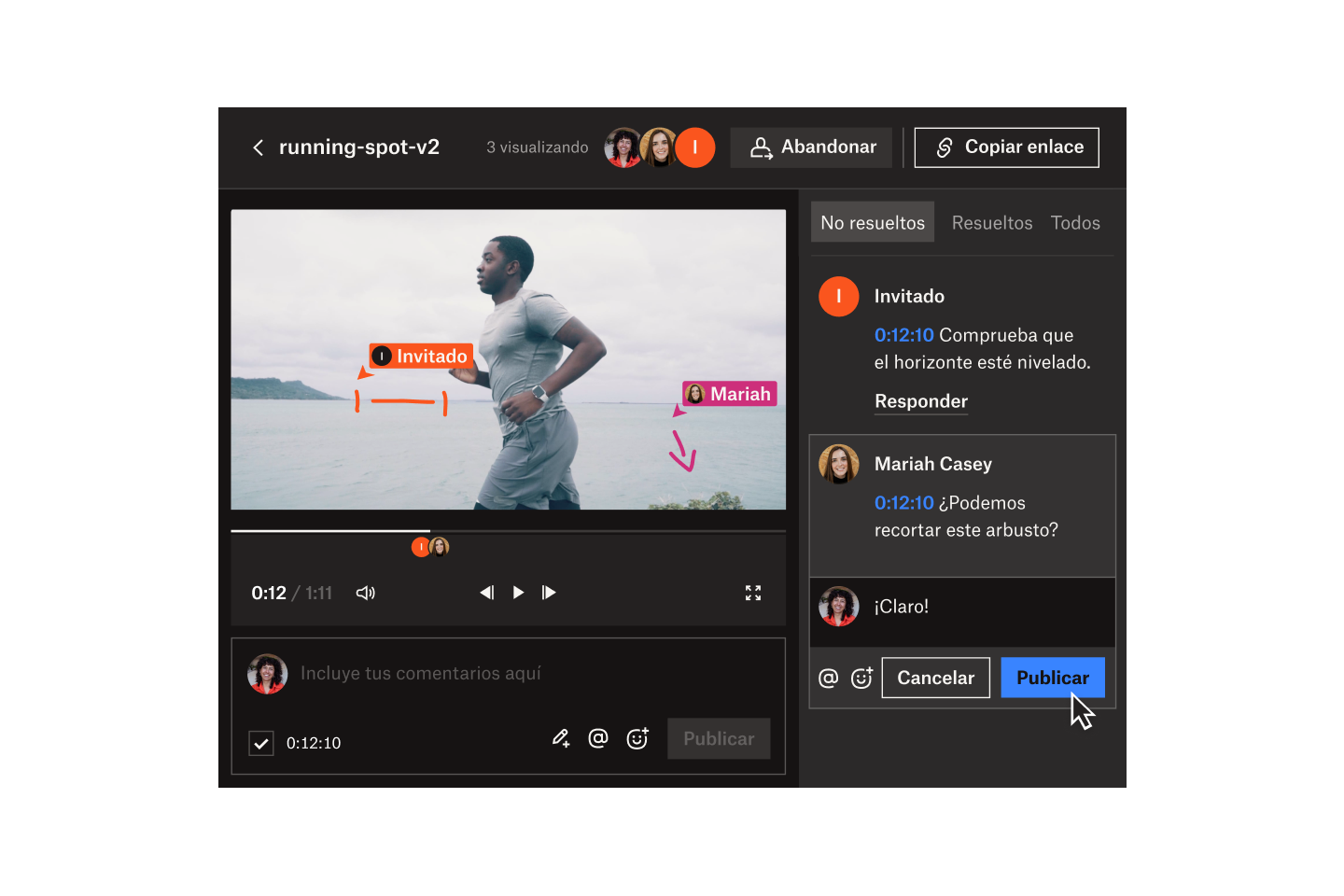 Un invitado y Mariah Casey señalan un fotograma y añaden comentarios en un vídeo titulado "espacio-para-correr-v2" en Dropbox Replay