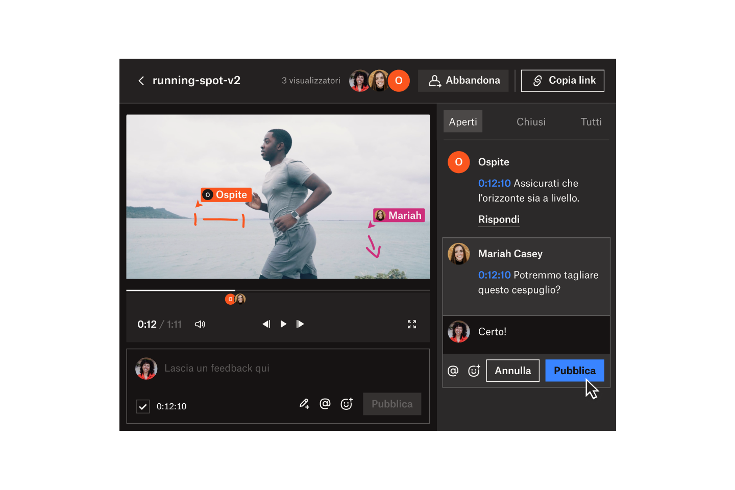 Guest e Mariah Casey aggiungono annotazioni e commenti su un frame di un video intitolato running-spot-v2 su Dropbox Replay