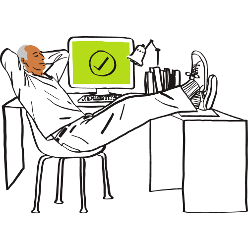 En illustrasjon av en mann som slapper av med bena oppe på skrivebordet mens datamaskinen viser en grønn hake på skjermen.