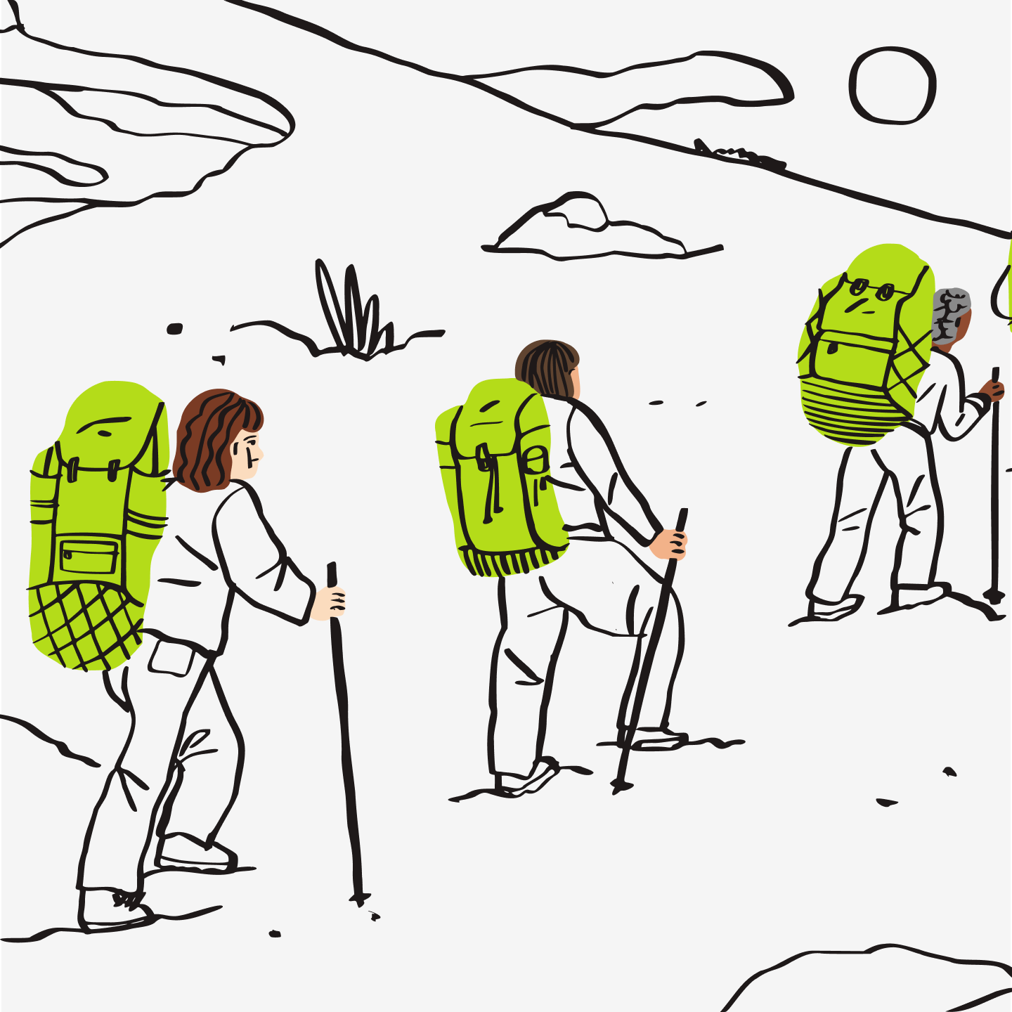 En illustrasjon av mennesker som går opp et fjell.
