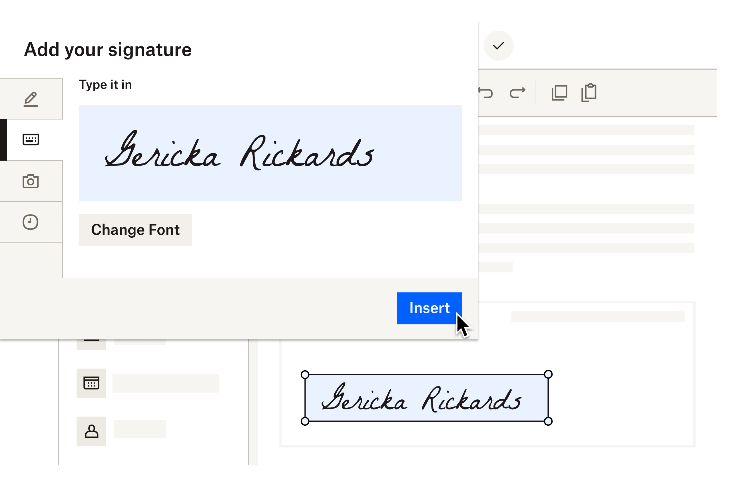 Tangkapan layar pengguna yang memasukkan tanda tangan elektronik ke dalam dokumen.