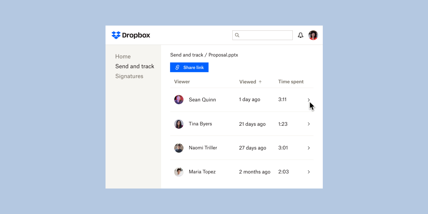 The Dropbox “Send and track” feature.