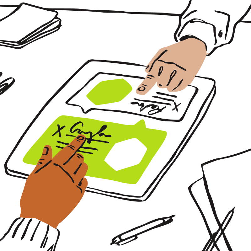 an illustration of two people signing a document on a digital tablet