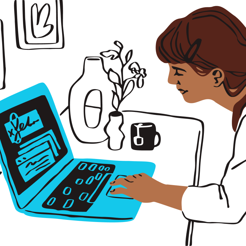 ilustrasi seorang wanita duduk di meja, bekerja pada komputer riba berwarna biru