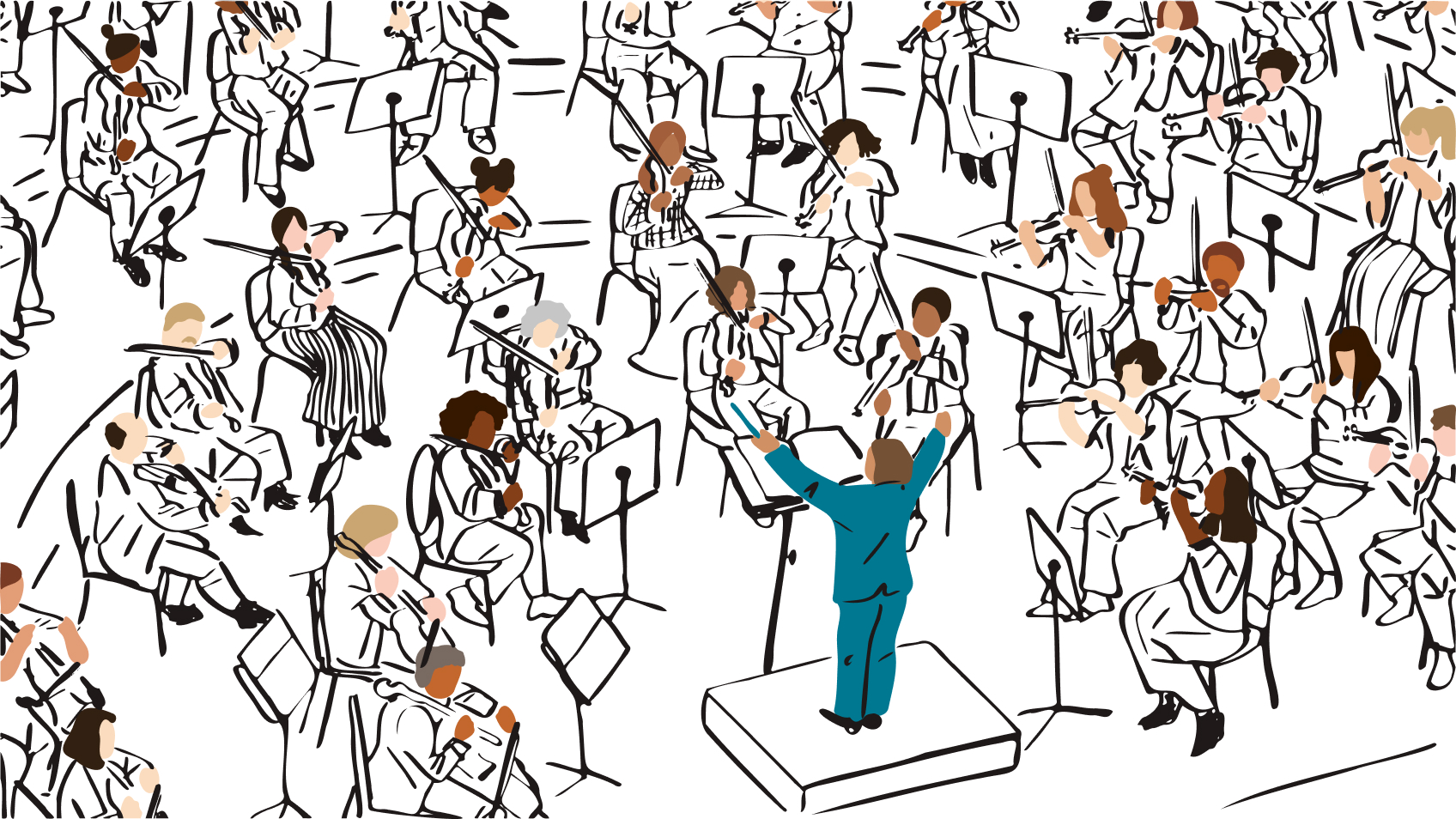 Person stands with arms raised and baton in hand, conducting an orchestra comprised of musicians