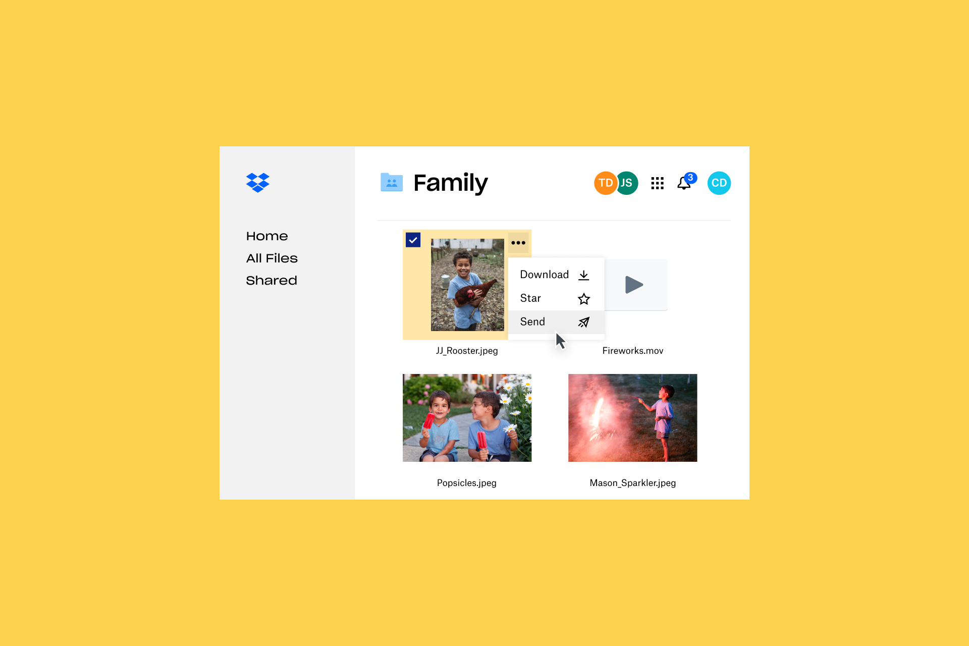 Photos d'une famille dans Dropbox dans un dossier intitulé “Famille” 