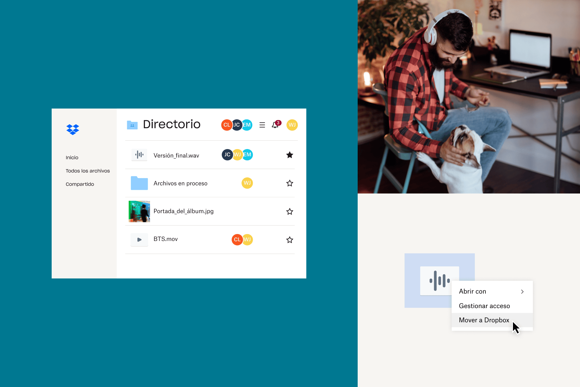 Alguien selecciona un archivo de audio de alta resolución en una carpeta y elige "Mover a Dropbox" para asegurarse de guardarlo de forma segura en la nube.