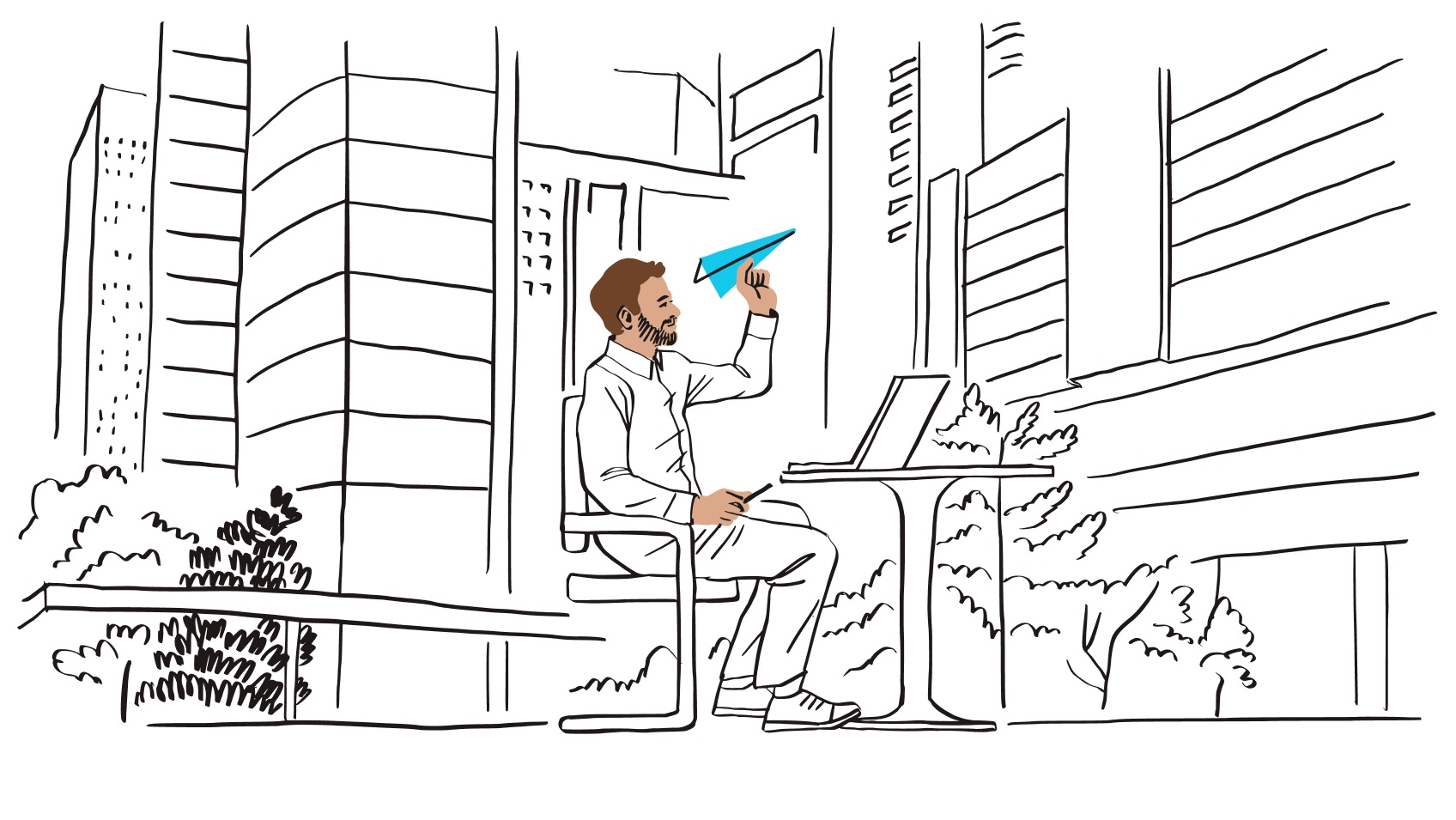 ​​Ilustrasi orang melempar pesawat kertas sambil duduk di depan laptop, melambangkan berbagi file