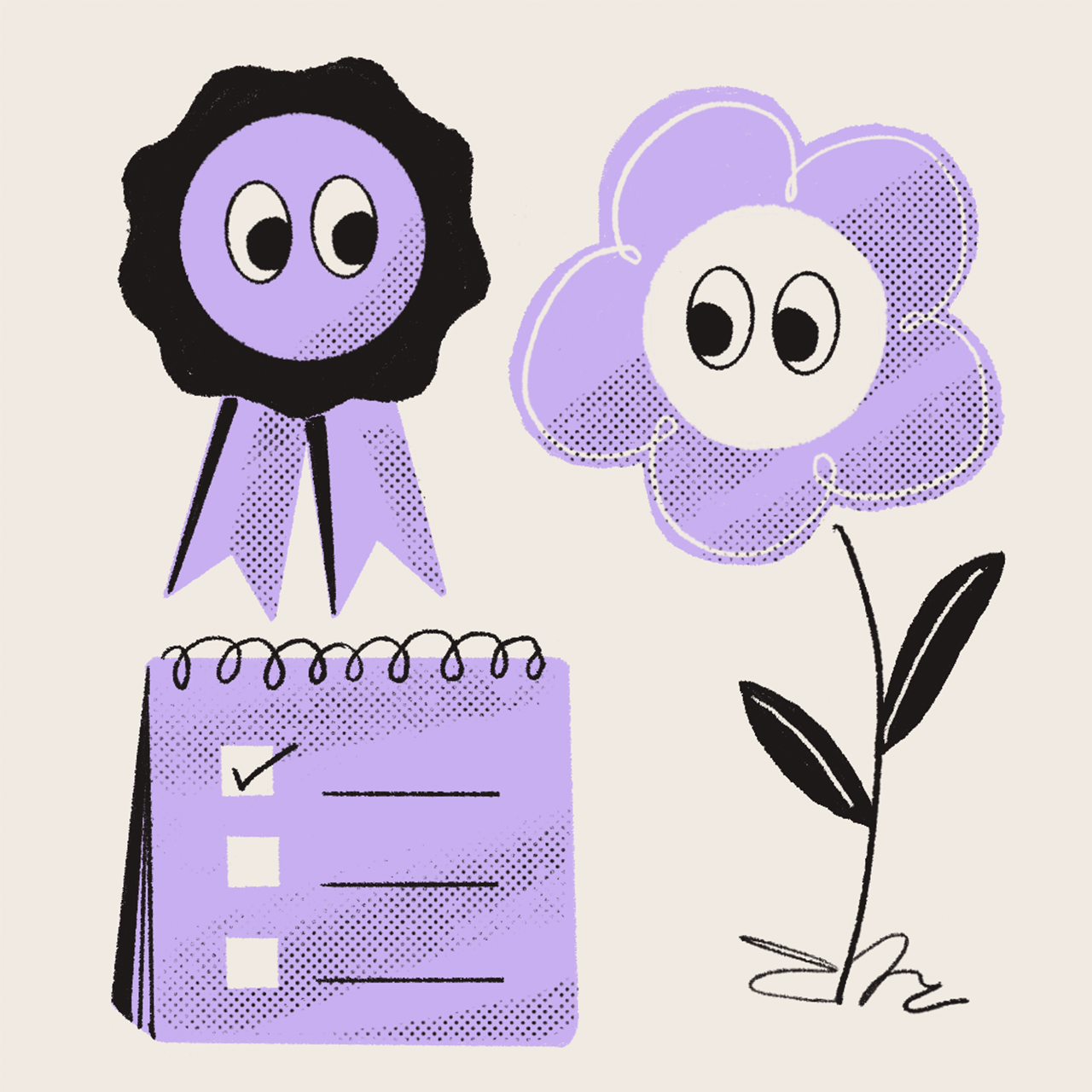 An illustration of a purple award badge, flower and to-do list